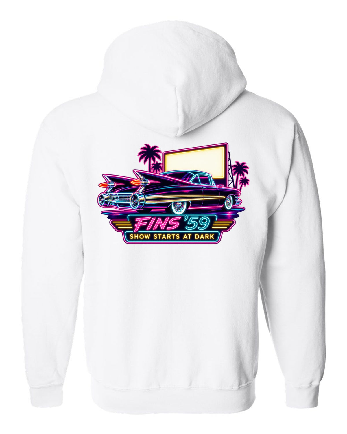1959 Cadillac Coupe de Ville under neon sign glow at a night drive-in white zip hoodie back view with the design