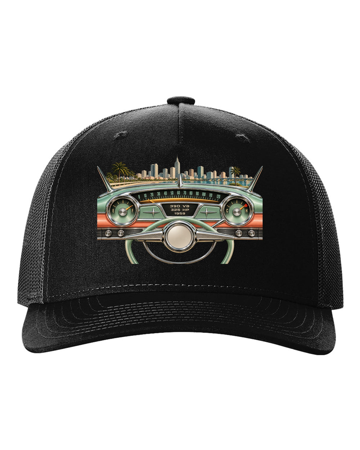 1959 Cadillac Series 62 dashboard instrument cluster HUD graphic with 390 V8 text black hat front view with the design