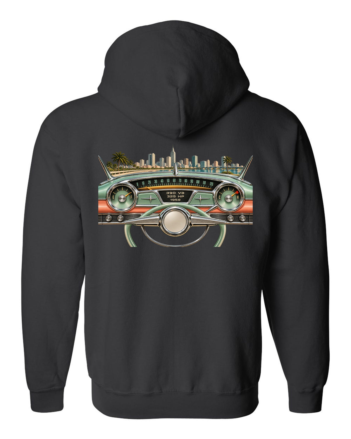 1959 Cadillac Series 62 dashboard instrument cluster HUD graphic with 390 V8 text black zip hoodie back view with the design