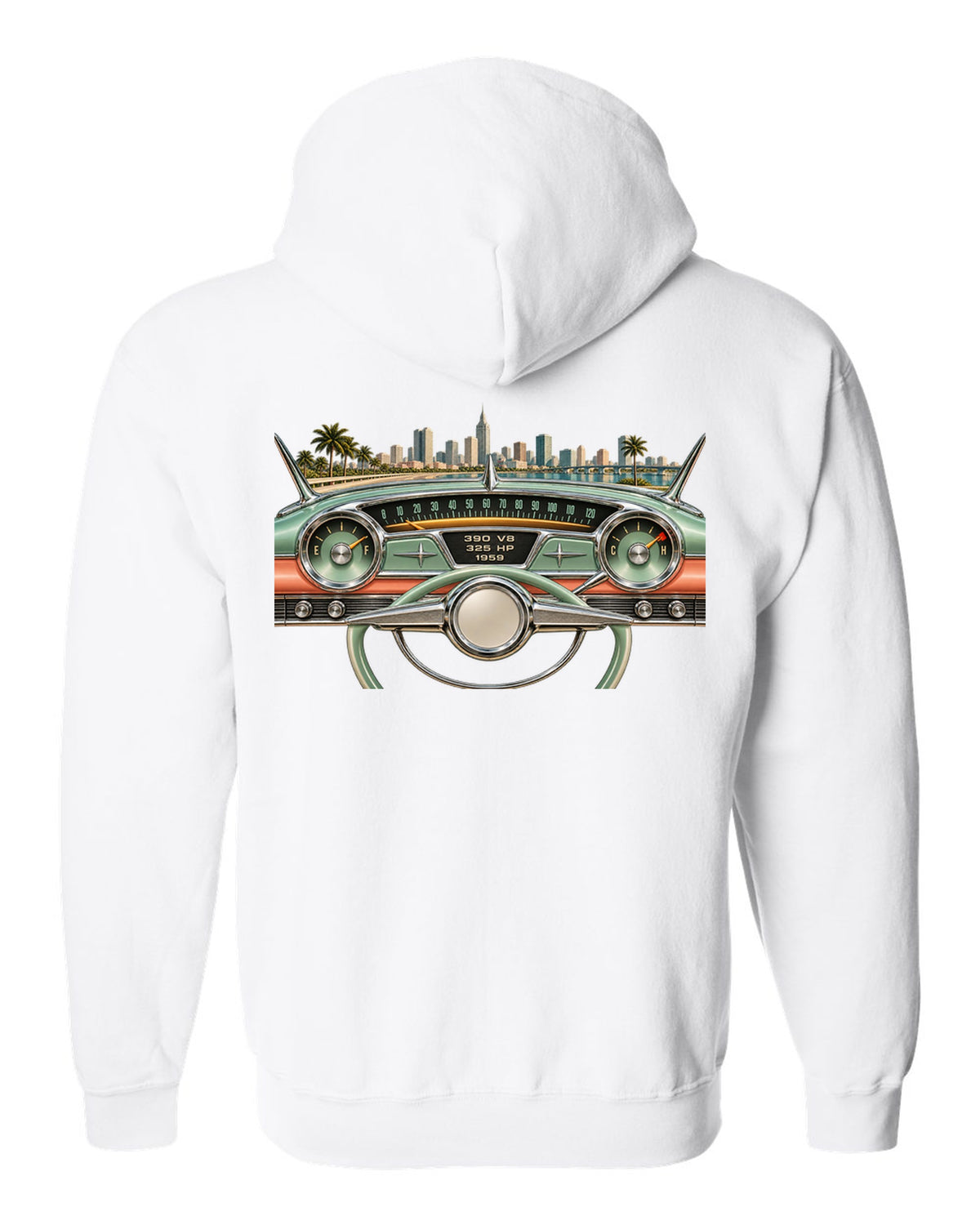1959 Cadillac Series 62 dashboard instrument cluster HUD graphic with 390 V8 text white zip hoodie back view with the design