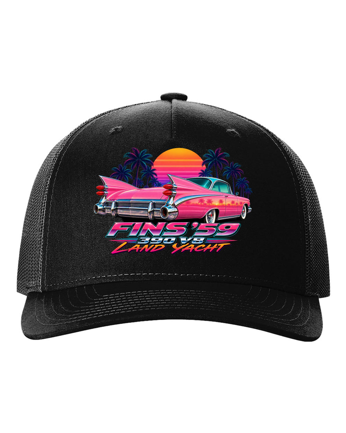 1959 Cadillac Series 62 Coupe de Ville rear fins against an airbrush retro sunset black hat front view with the design