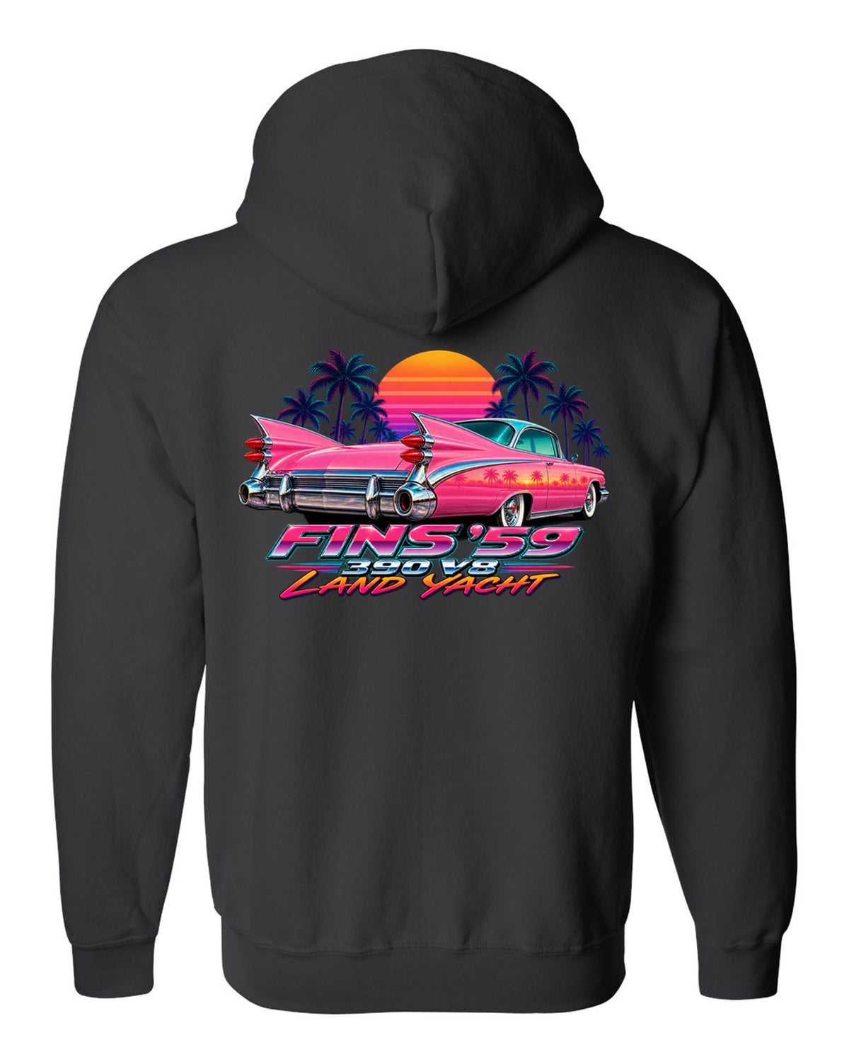 1959 Cadillac Series 62 Coupe de Ville rear fins against an airbrush retro sunset black zip hoodie back view with the design