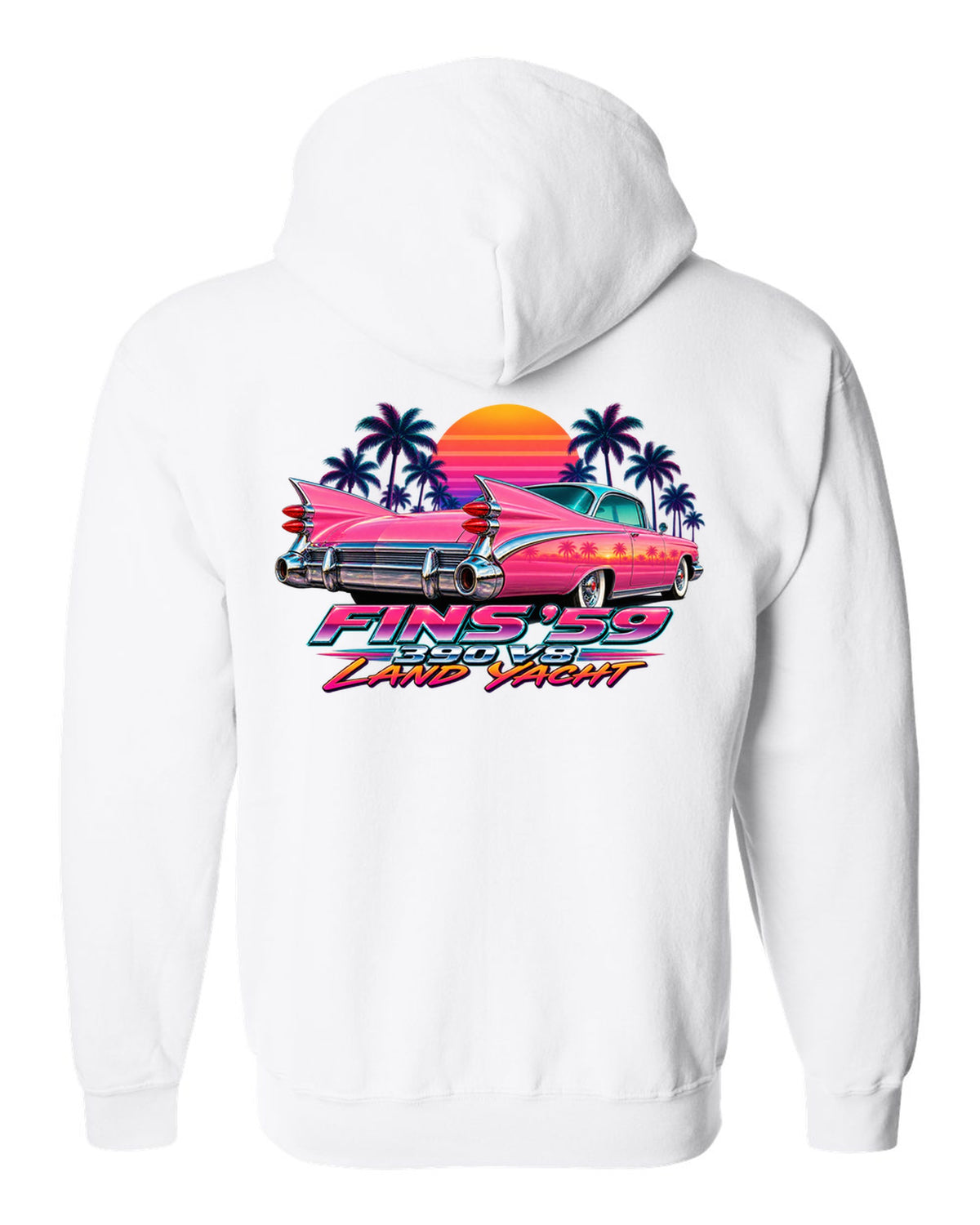 1959 Cadillac Series 62 Coupe de Ville rear fins against an airbrush retro sunset white zip hoodie back view with the design