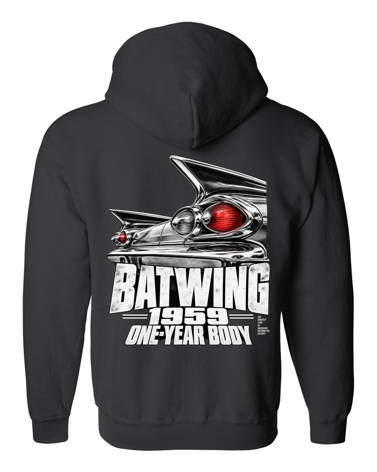 1959 Impala rear batwing taillight macro print with one-year body text black zip hoodie back view with the design