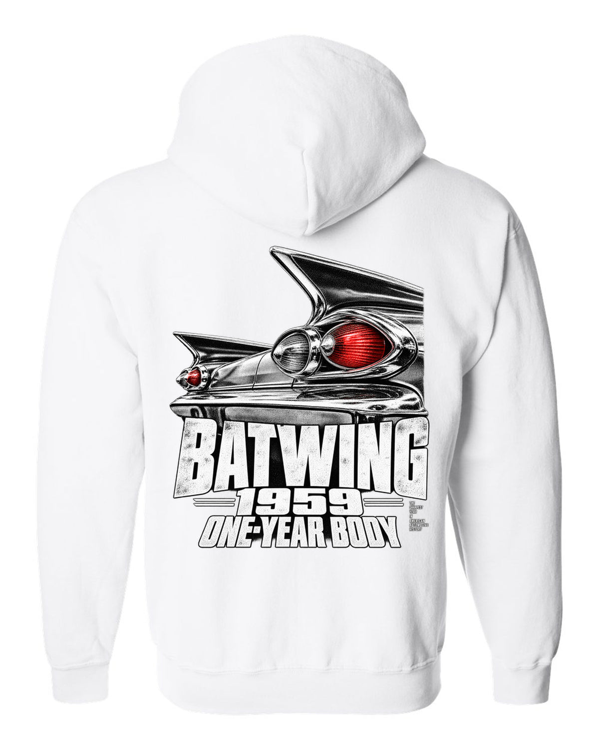 1959 Impala rear batwing taillight macro print with one-year body text white zip hoodie back view with the design