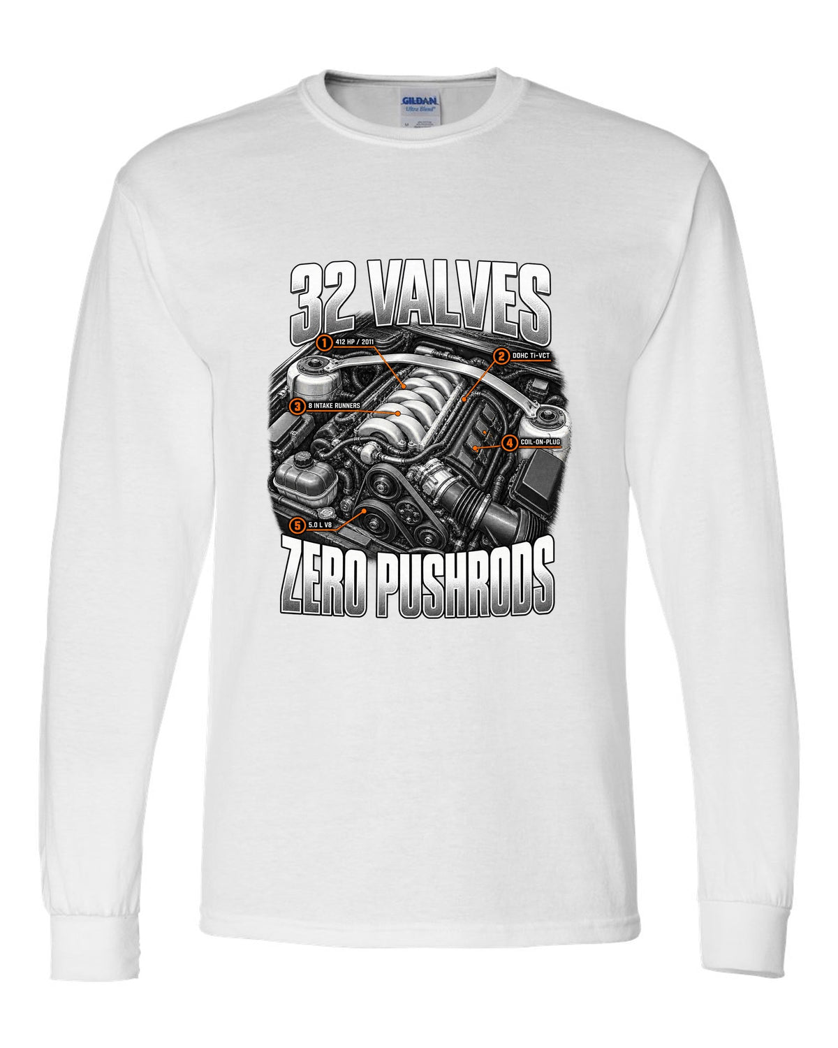 Engine hero print of a Ford Mustang S197 GT 5.0 Coyote engine, 2011-14 white long sleeve front view with the design
