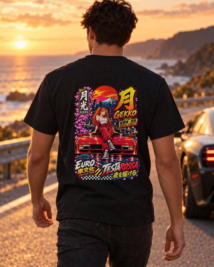 GEKKO TESTAROSSA Anime Girl Full-Back Graphic Tee T-Shirt Black worn hero