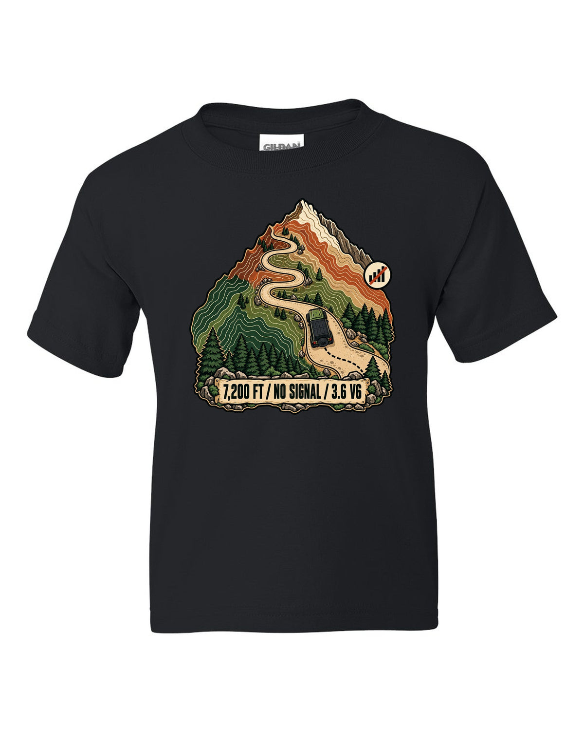 Topographic route map illustration of mountain switchbacks for a Jeep Wrangler JK with 7,200 FT NO SIGNAL 3.6 V6 lettering black kids tee front view with the design