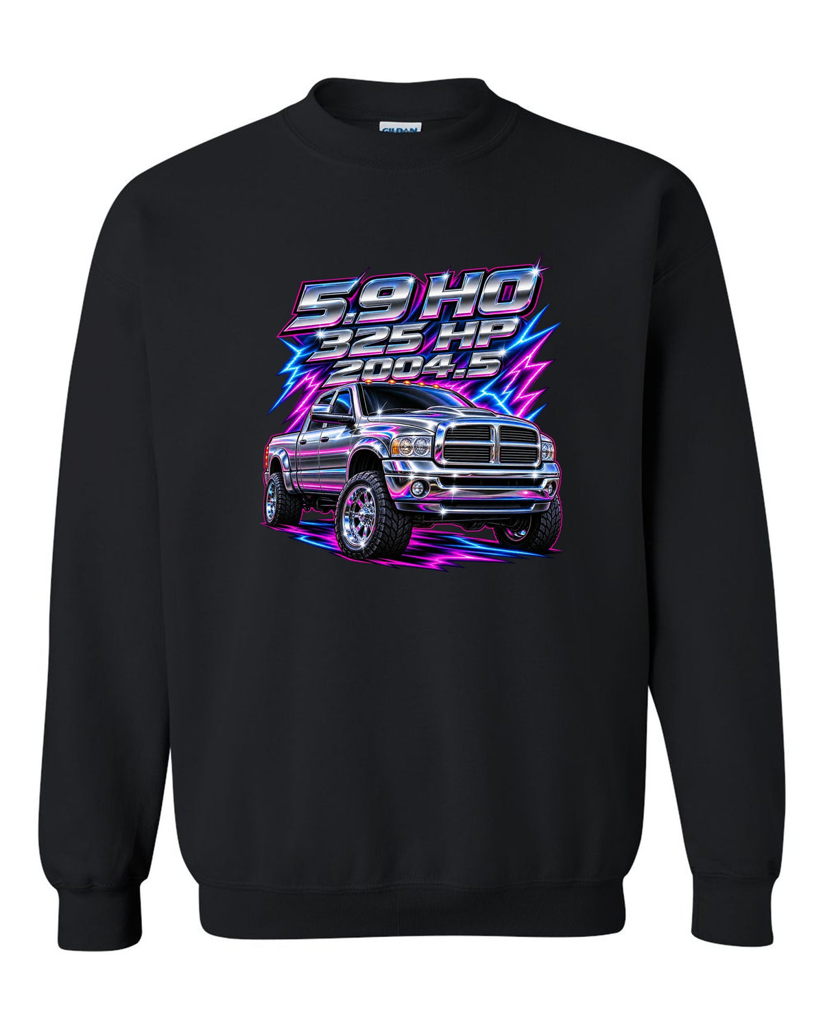 80s chrome airbrush print of a 2003-2009 Dodge Ram 2500 Cummins with 5.9 HO 325 HP 2004.5 text black crewneck front view with the design