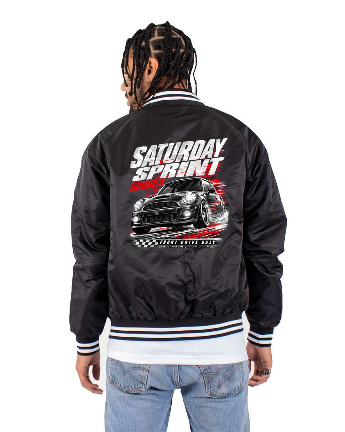 Mini Cooper JCW R56 Hillclimb Round Three Race Poster Tee Bomber Jacket Black back
