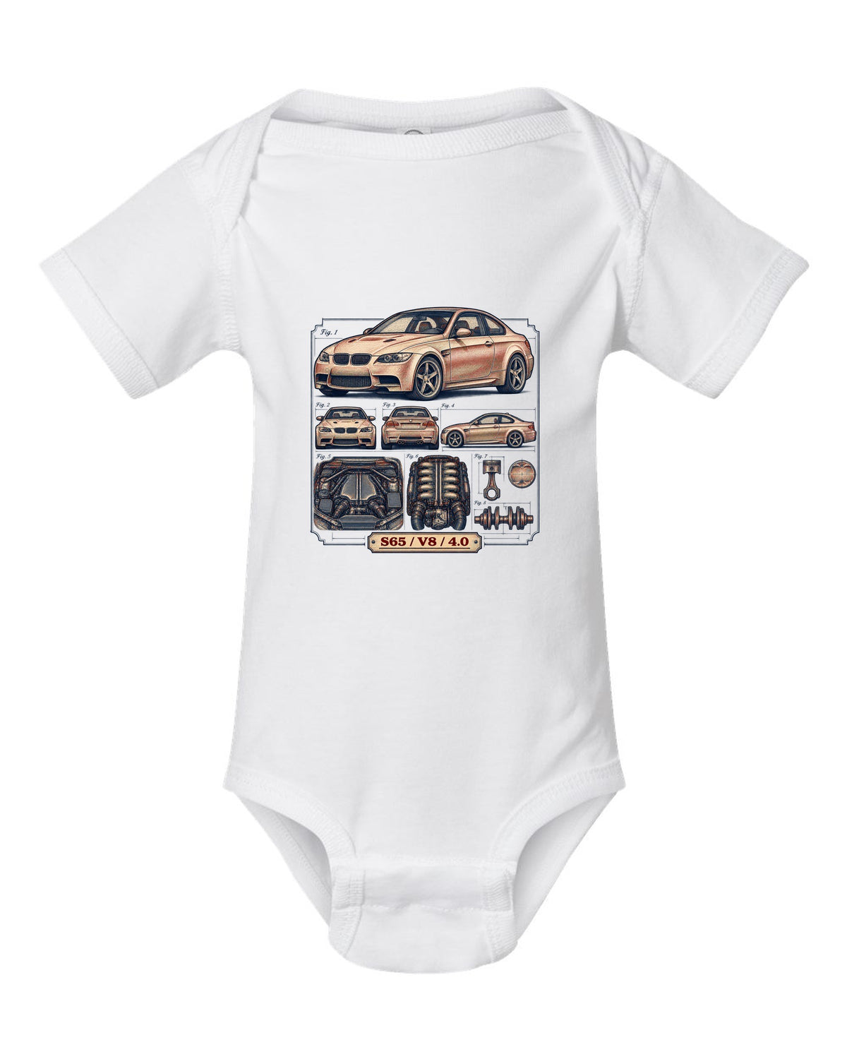 Blueprint patent line drawing of a BMW E92 M3 coupe with S65 V8 4.0 text white baby onesie front view with the design