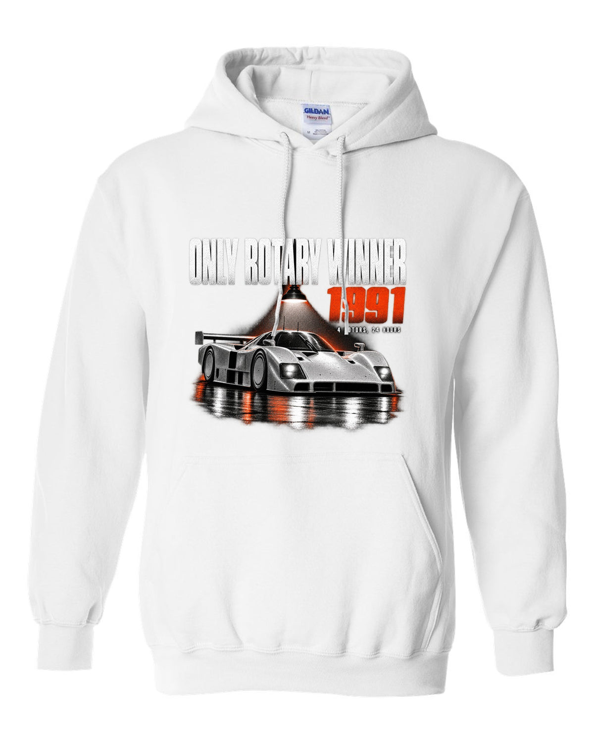 Mazda 787B in a dark garage with only rotary winner 1991 lettering white pull over hoodie front view with the design