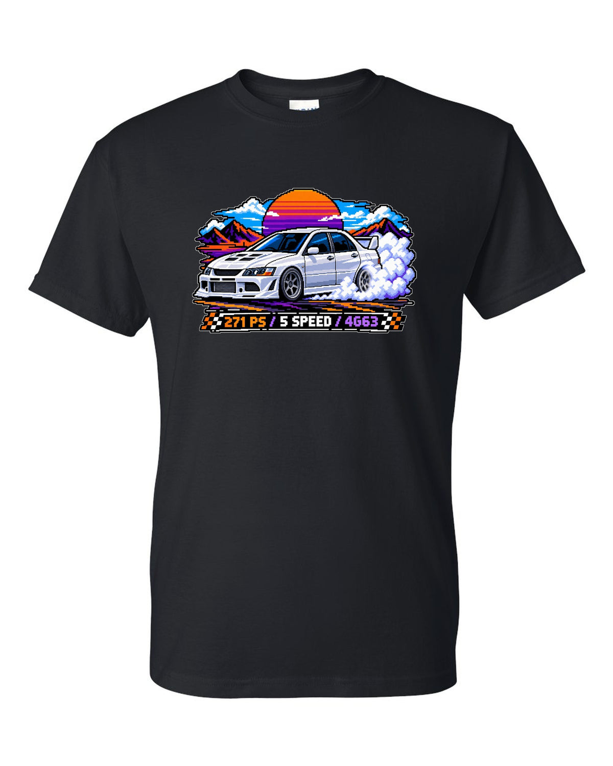 Pixel art burnout print of the Mitsubishi Evo VIII CT9A with 271 PS 5 speed 4G63 text black t-shirt front view with the design