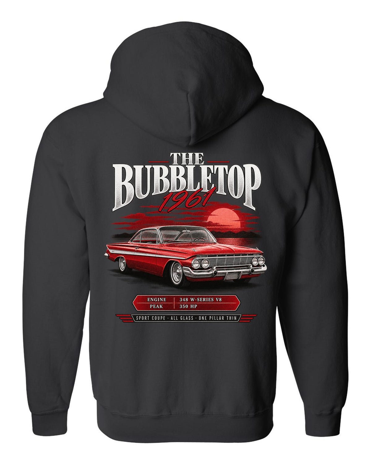 1961 Impala Sport Coupe bubbletop archive panel print with 348 V8 callouts black zip hoodie back view with the design