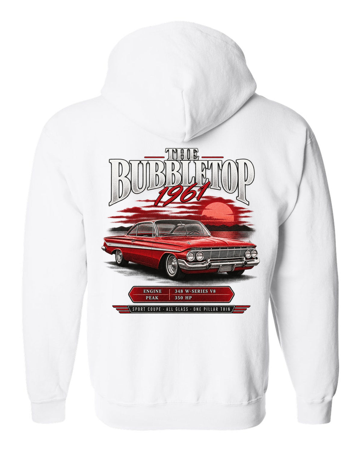 1961 Impala Sport Coupe bubbletop archive panel print with 348 V8 callouts white zip hoodie back view with the design