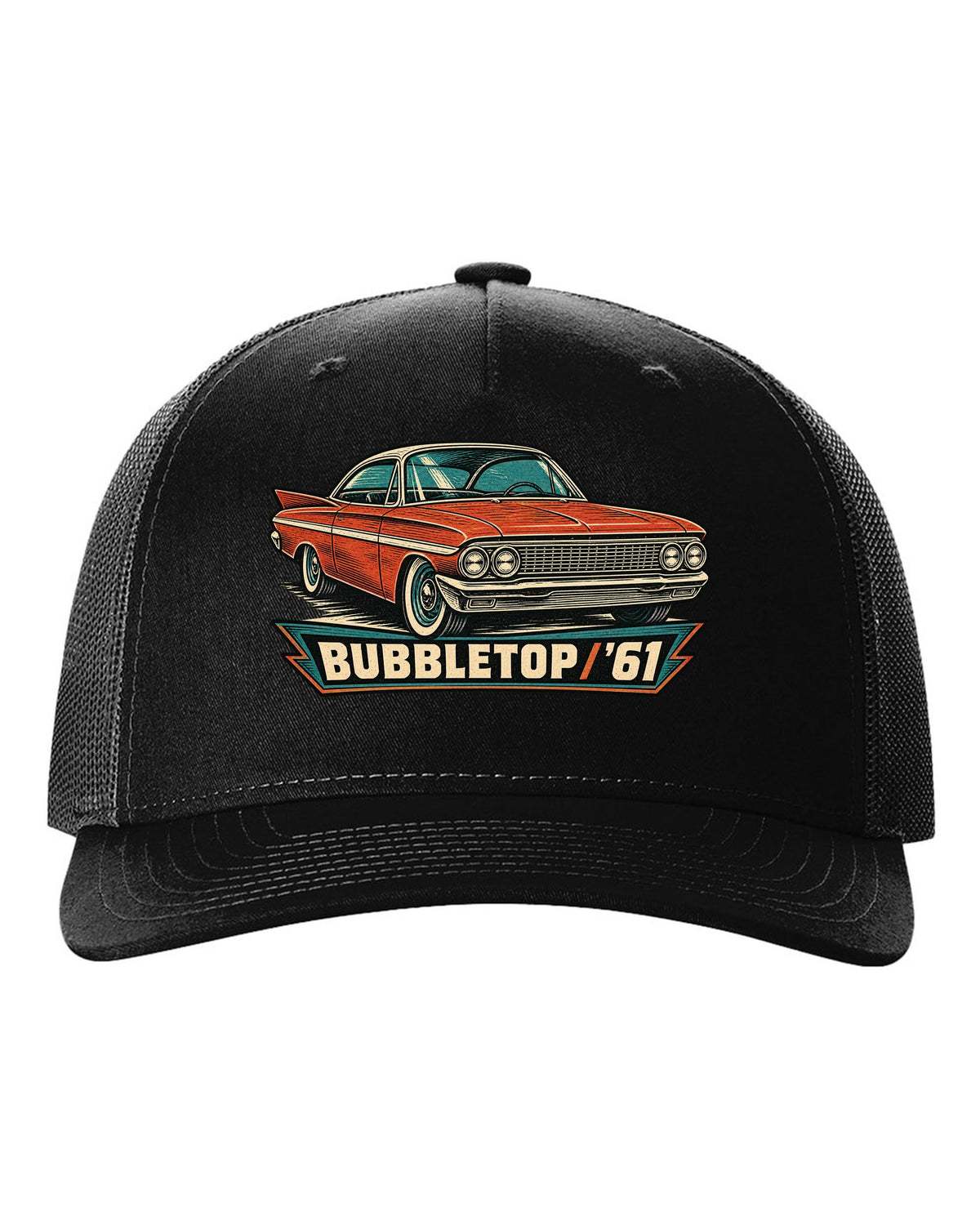 1961 Chevrolet Impala Sport Coupe bubbletop in linocut style with text Bubbletop '61 black hat front view with the design