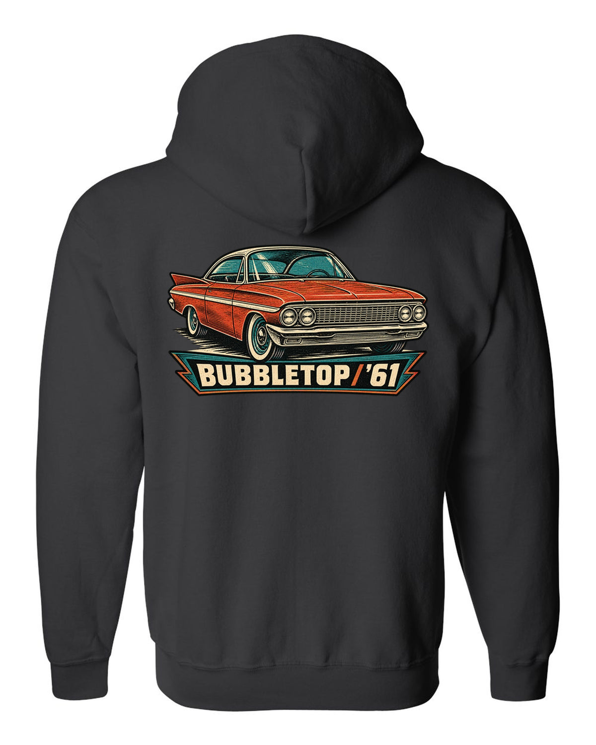 1961 Chevrolet Impala Sport Coupe bubbletop in linocut style with text Bubbletop '61 black zip hoodie back view with the design