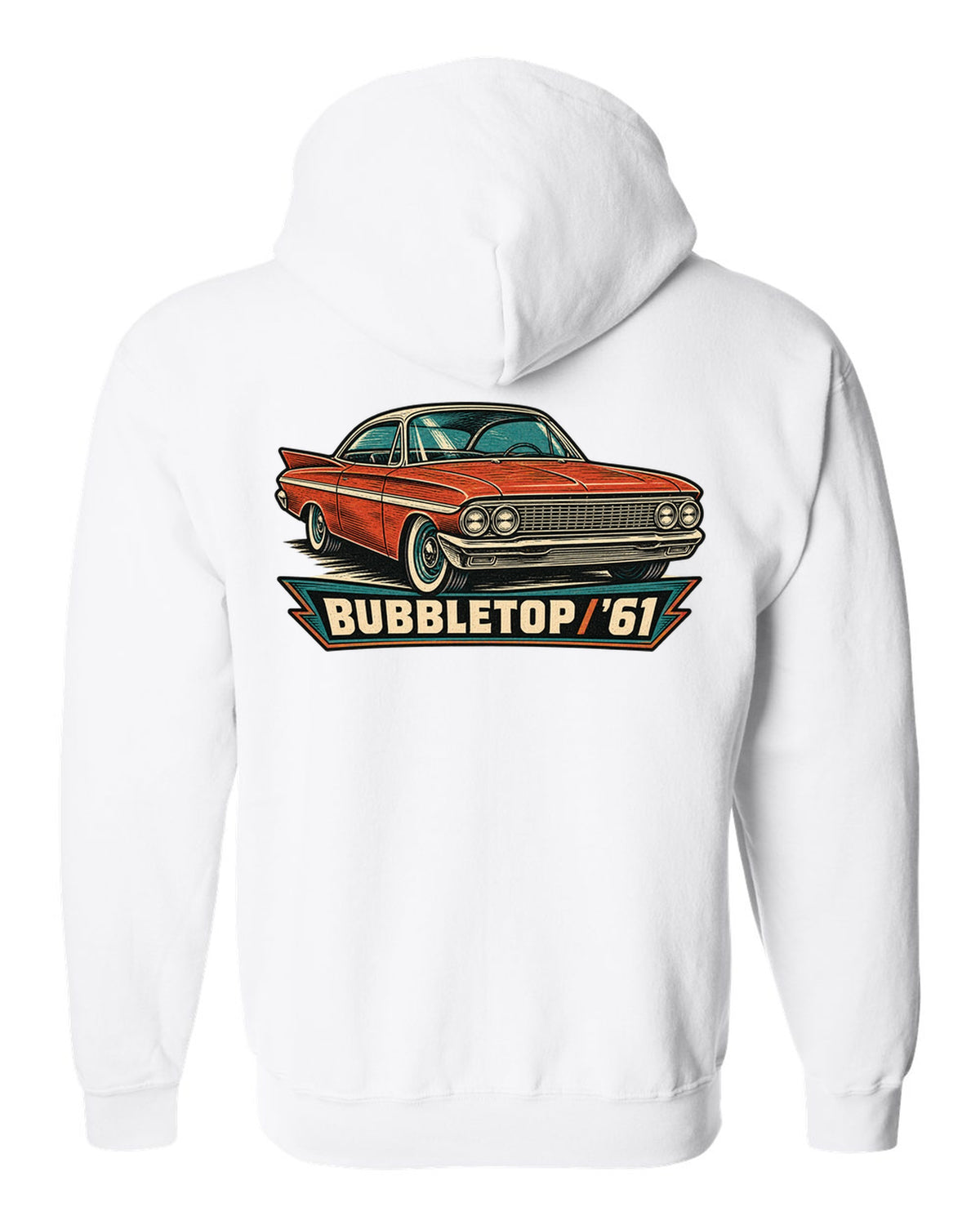 1961 Chevrolet Impala Sport Coupe bubbletop in linocut style with text Bubbletop '61 white zip hoodie back view with the design