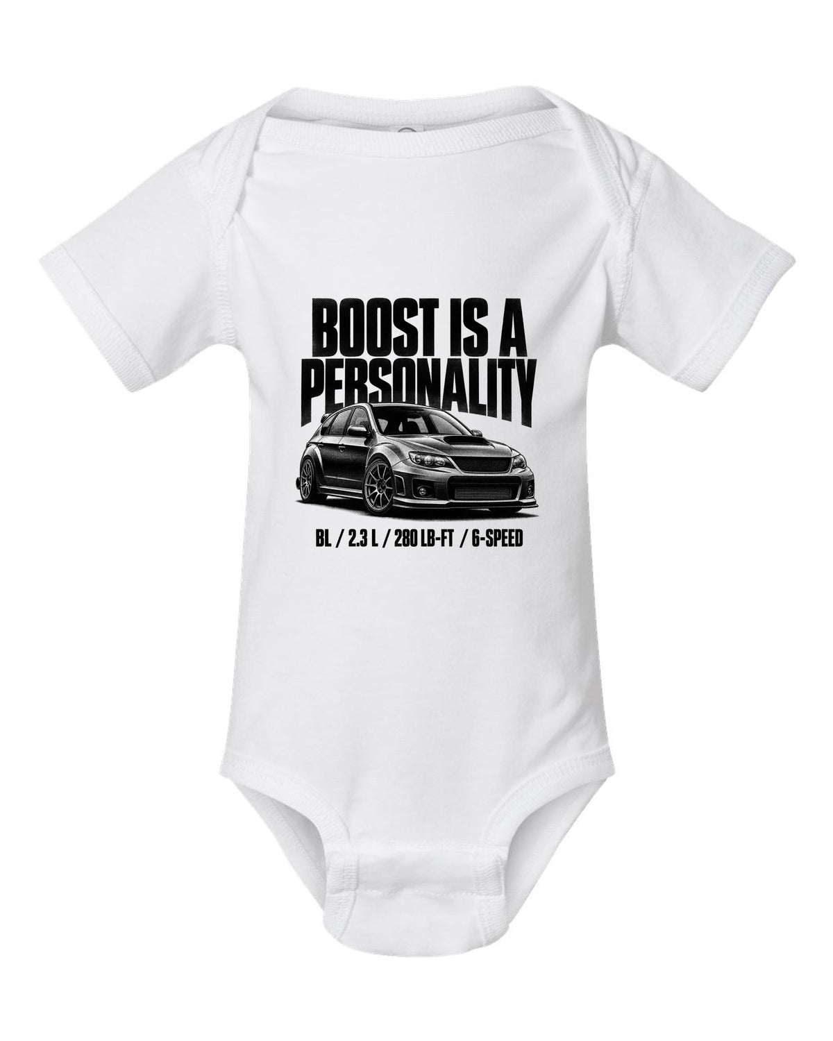 Halftone carbon print of a Mazdaspeed3 BL with boost lettering white baby onesie front view with the design