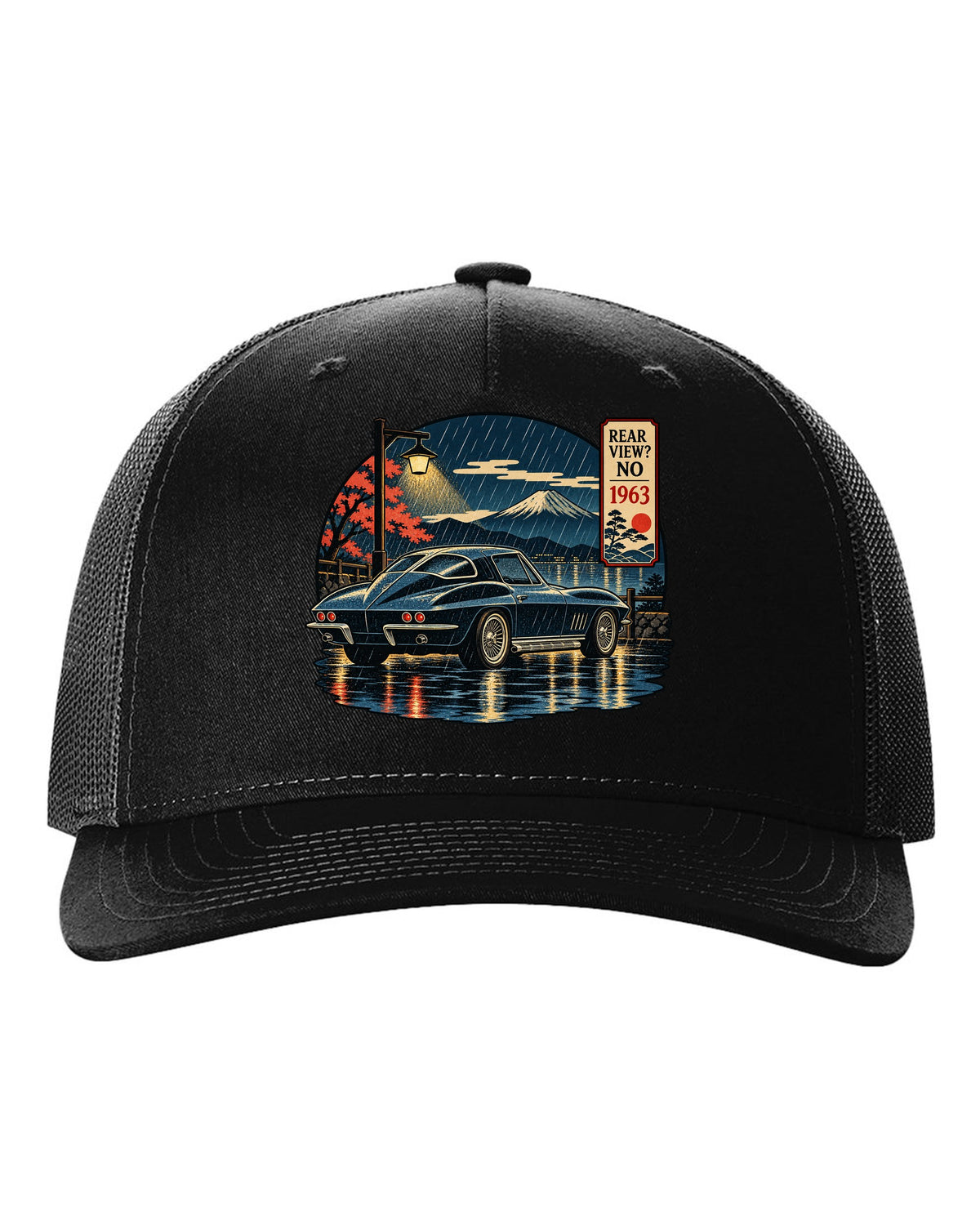 Ukiyo-e woodblock style print of a 1963 Chevrolet Corvette C2 Sting Ray coupe on a rainy night black hat front view with the design