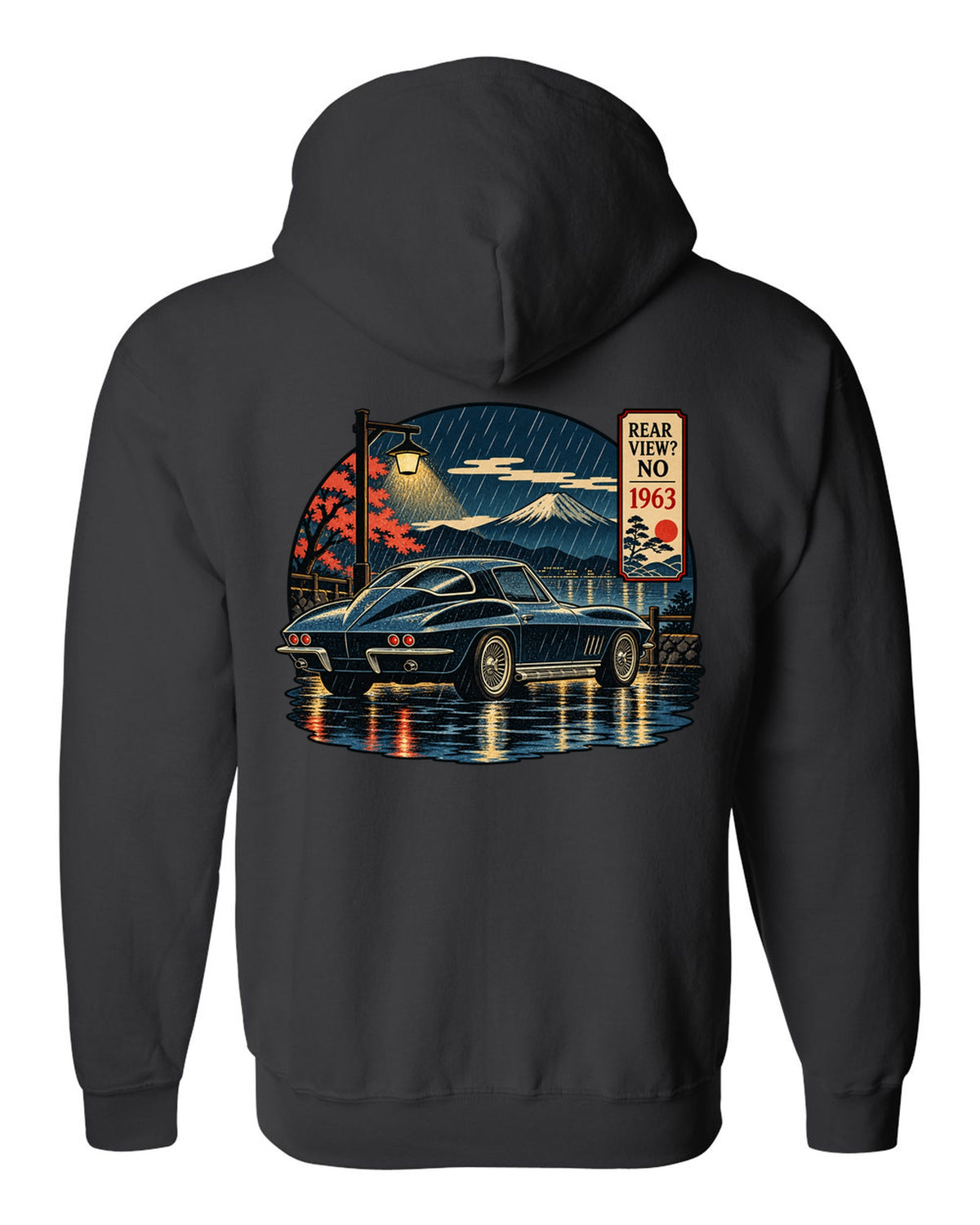 Ukiyo-e woodblock style print of a 1963 Chevrolet Corvette C2 Sting Ray coupe on a rainy night black zip hoodie back view with the design