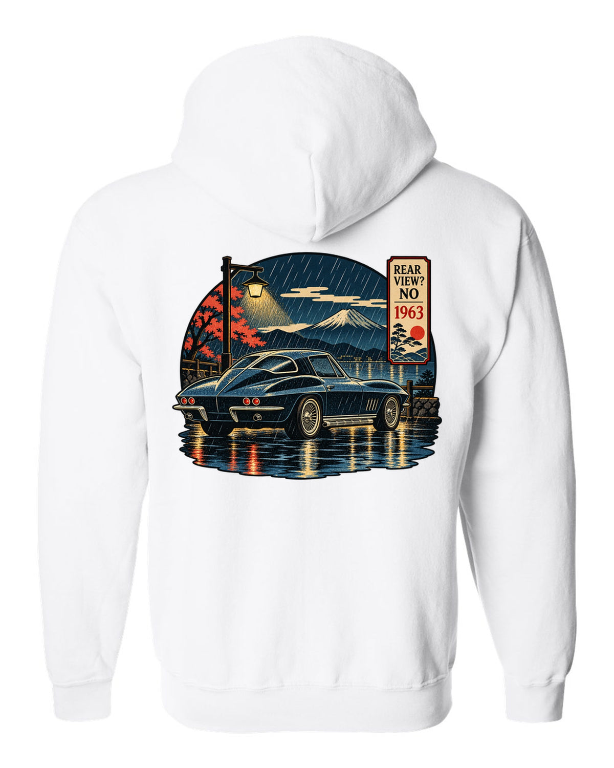 Ukiyo-e woodblock style print of a 1963 Chevrolet Corvette C2 Sting Ray coupe on a rainy night white zip hoodie back view with the design