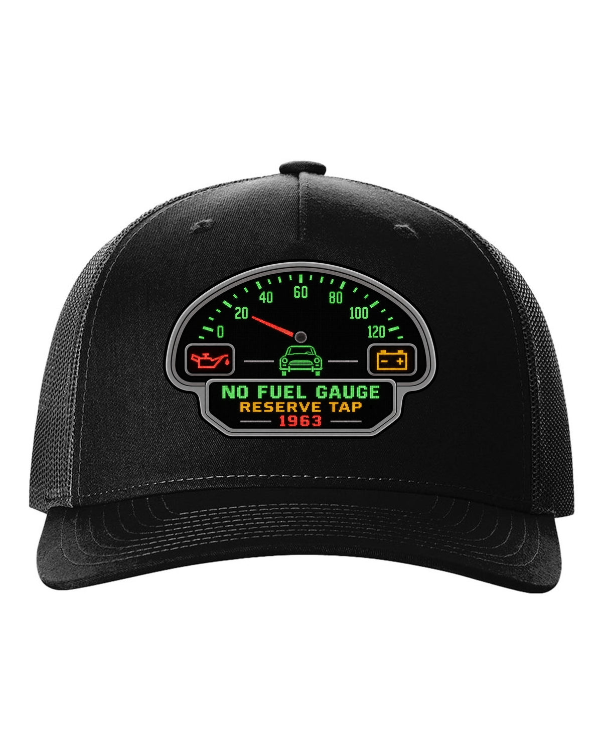 Pixel LED segmented display print of a 1963 VW Beetle Type 1 dashboard with fuel gauge joke black hat front view with the design