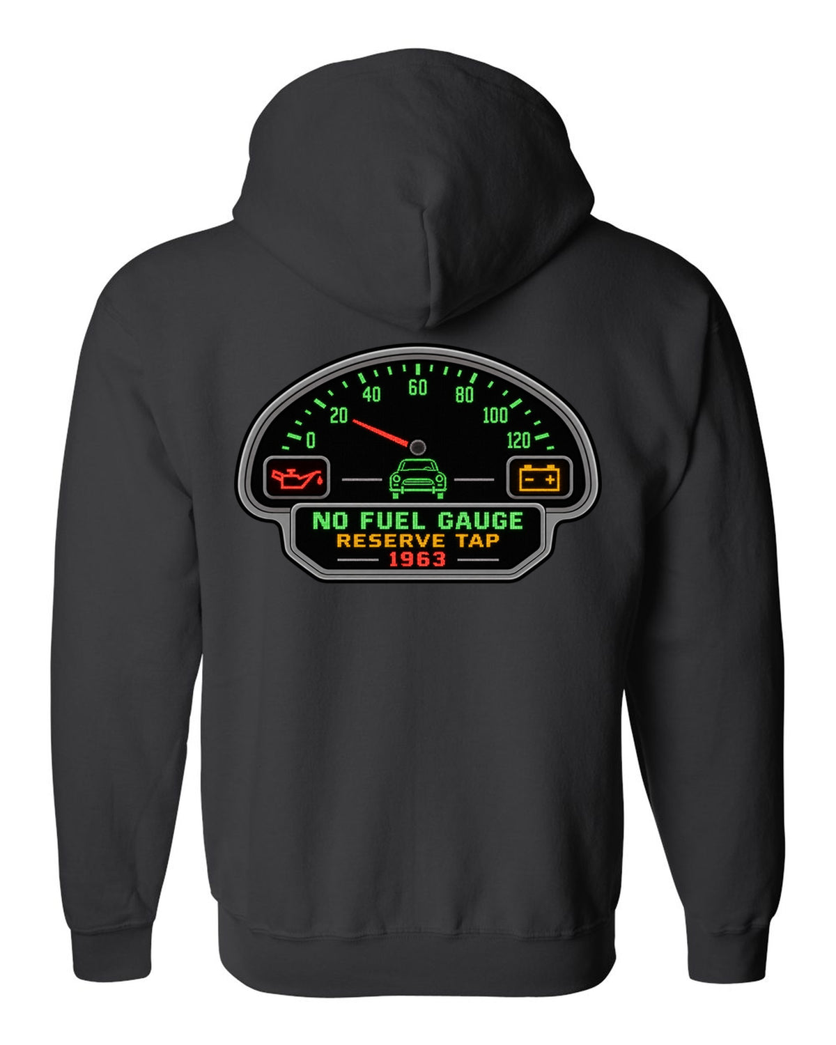 Pixel LED segmented display print of a 1963 VW Beetle Type 1 dashboard with fuel gauge joke black zip hoodie back view with the design
