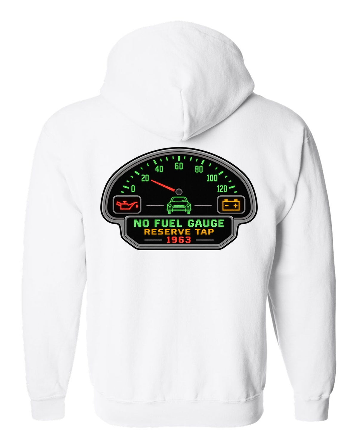 Pixel LED segmented display print of a 1963 VW Beetle Type 1 dashboard with fuel gauge joke white zip hoodie back view with the design