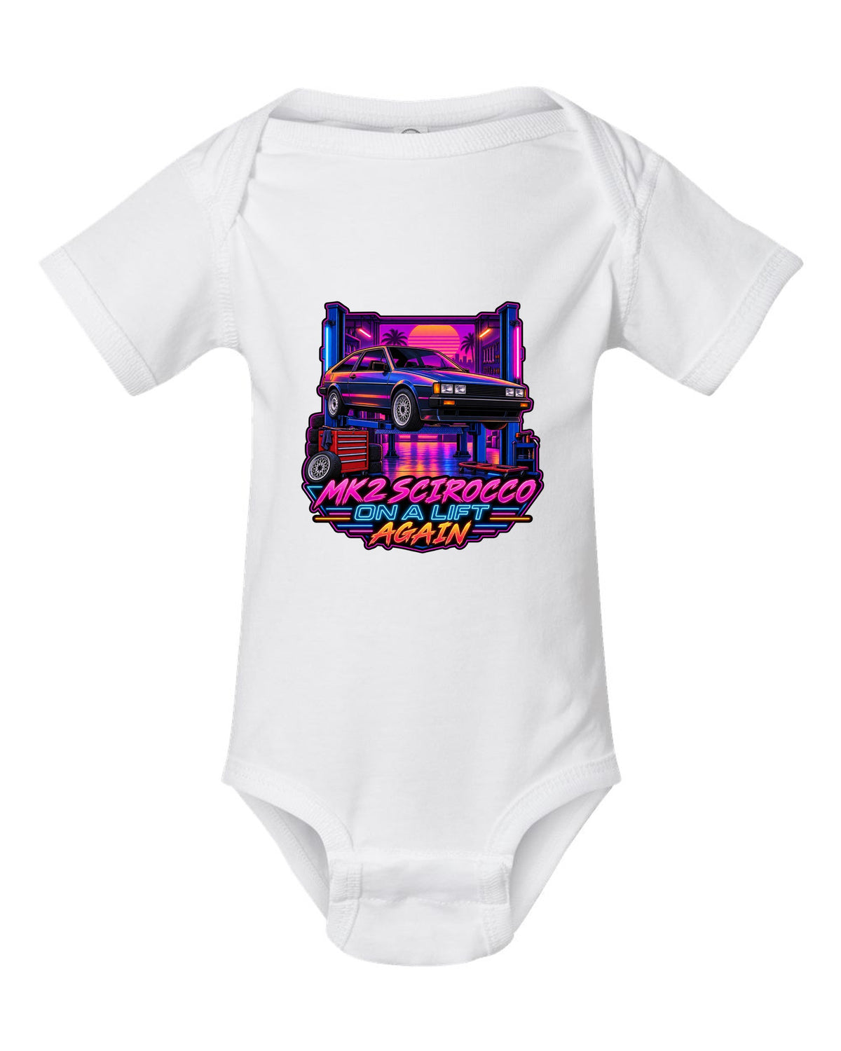 Synthwave outrun style VW Scirocco Mk2 with Mk2 Scirocco on a lift again text white baby onesie front view with the design