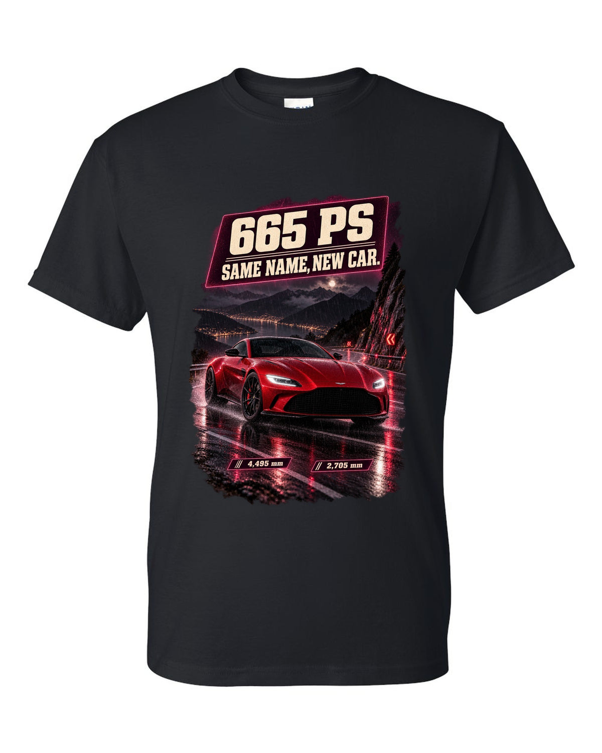 Aston Martin Vantage 2024 touge night street print with 665 PS text black t-shirt front view with the design