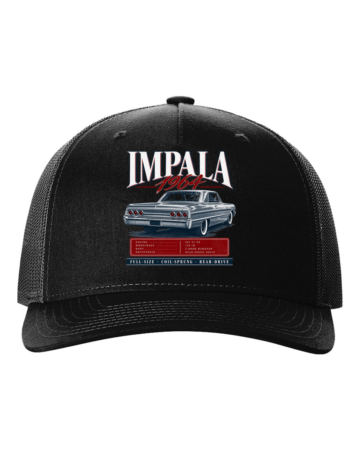 1964 Impala SS B-body rear three-quarter archive panel print black hat front view with the design