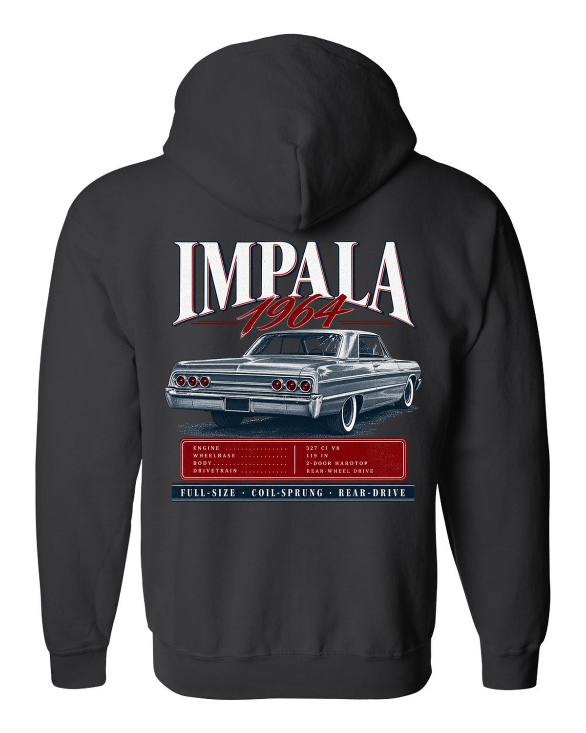 1964 Impala SS B-body rear three-quarter archive panel print black zip hoodie back view with the design