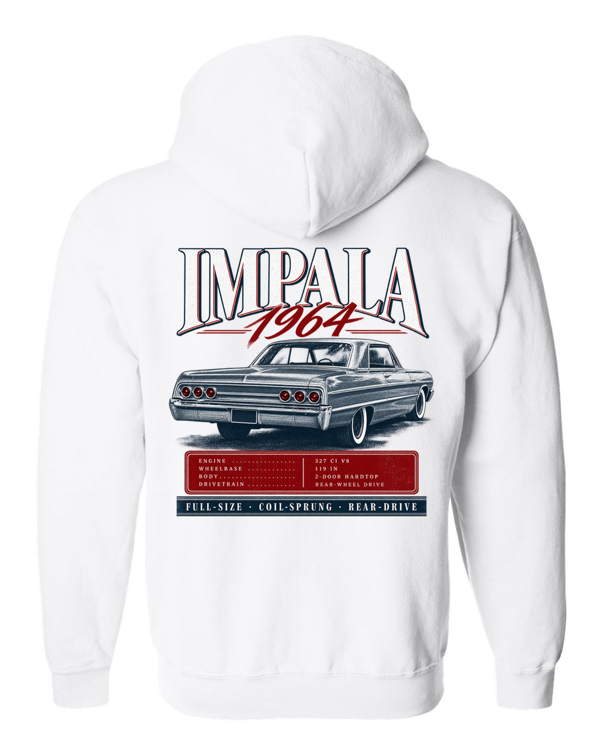 1964 Impala SS B-body rear three-quarter archive panel print white zip hoodie back view with the design