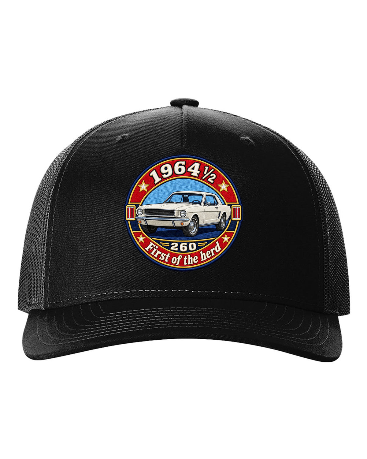 Varsity crest design of a 1964½ Ford Mustang coupe with 260 lettering black hat front view with the design