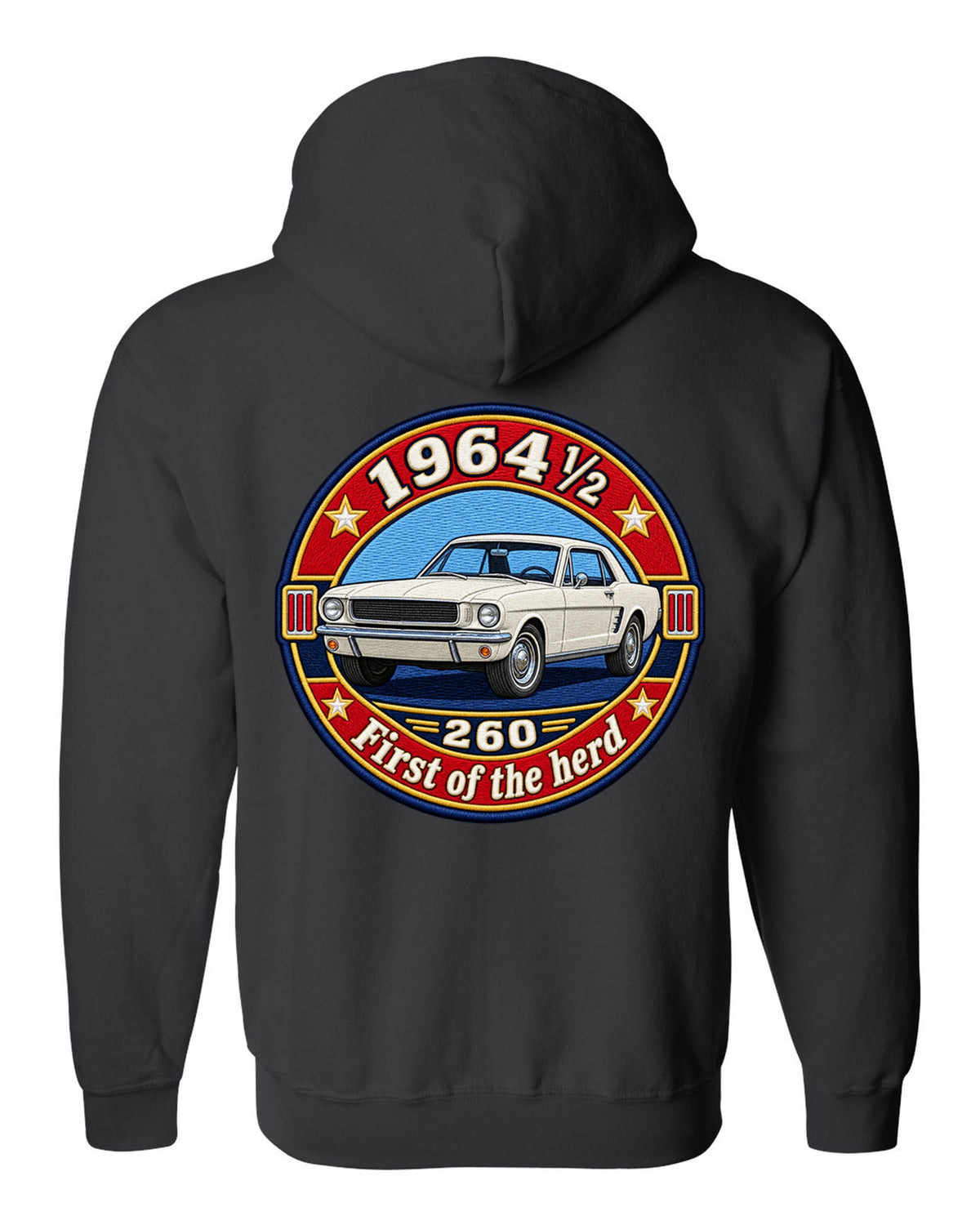 Varsity crest design of a 1964½ Ford Mustang coupe with 260 lettering black zip hoodie back view with the design