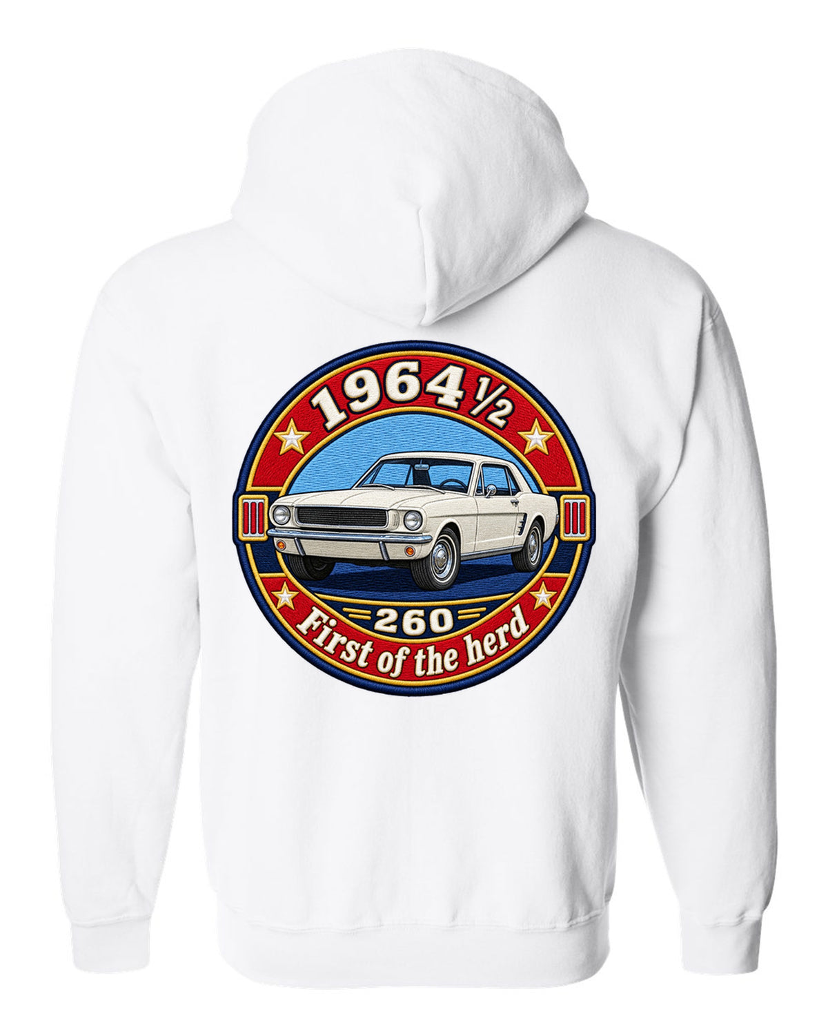 Varsity crest design of a 1964½ Ford Mustang coupe with 260 lettering white zip hoodie back view with the design