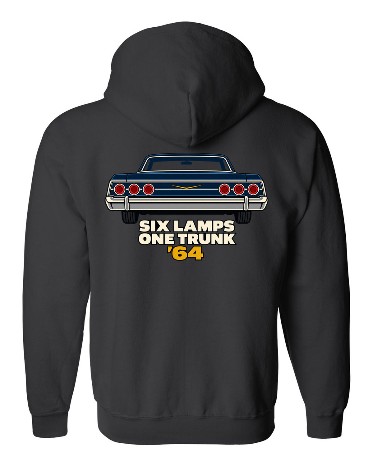 1964 Chevrolet Impala rear in minimal geometric vector style with text Six Lamps One Trunk '64 black zip hoodie back view with the design