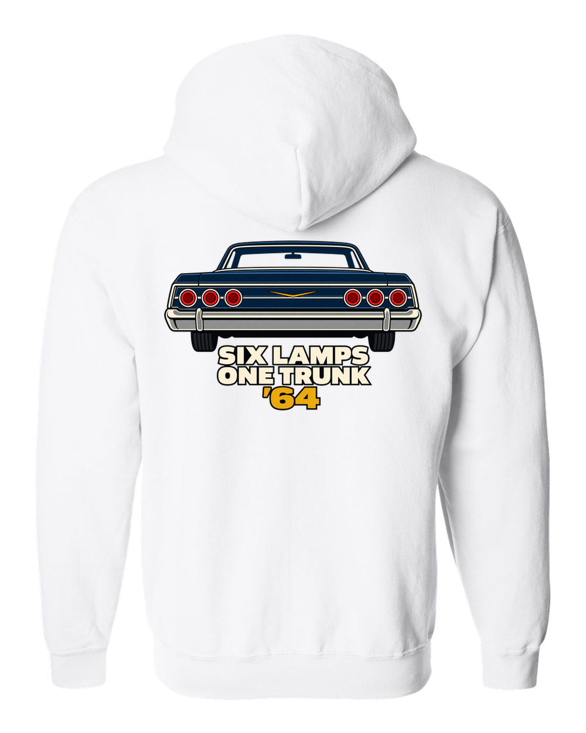 1964 Chevrolet Impala rear in minimal geometric vector style with text Six Lamps One Trunk '64 white zip hoodie back view with the design
