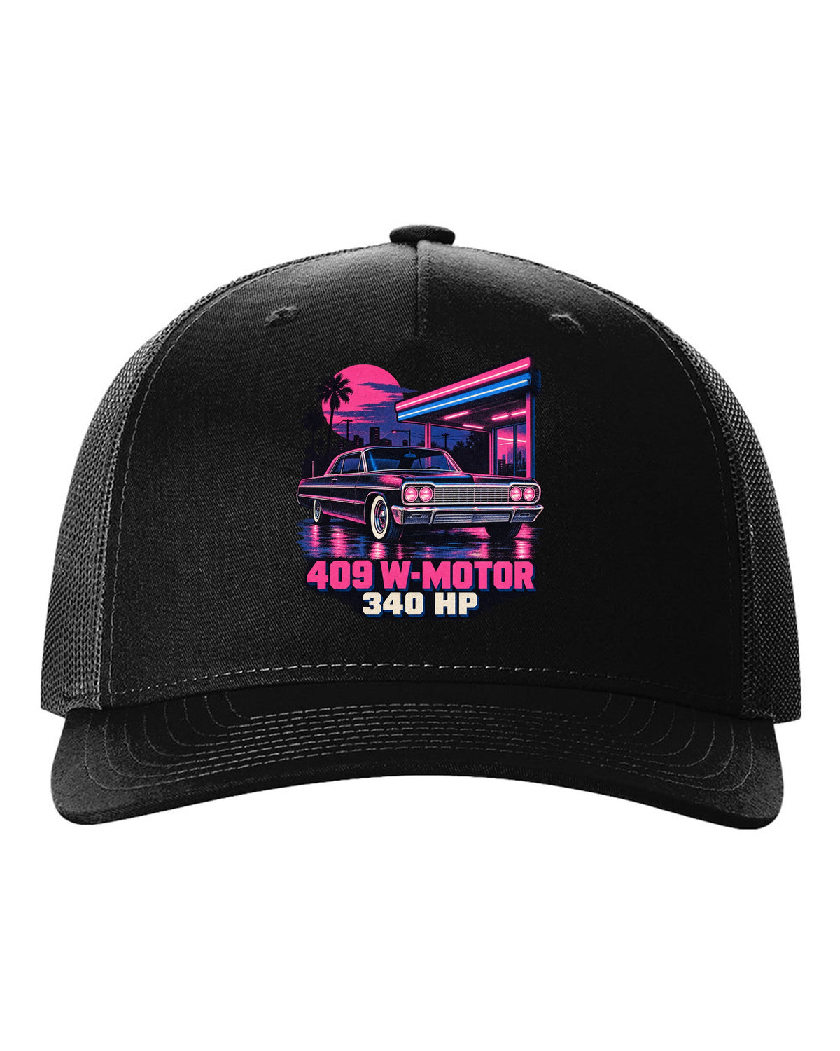 1964 Chevrolet Impala SS in pink and blue risograph neon rain with text 409 W-Motor 340 HP black hat front view with the design