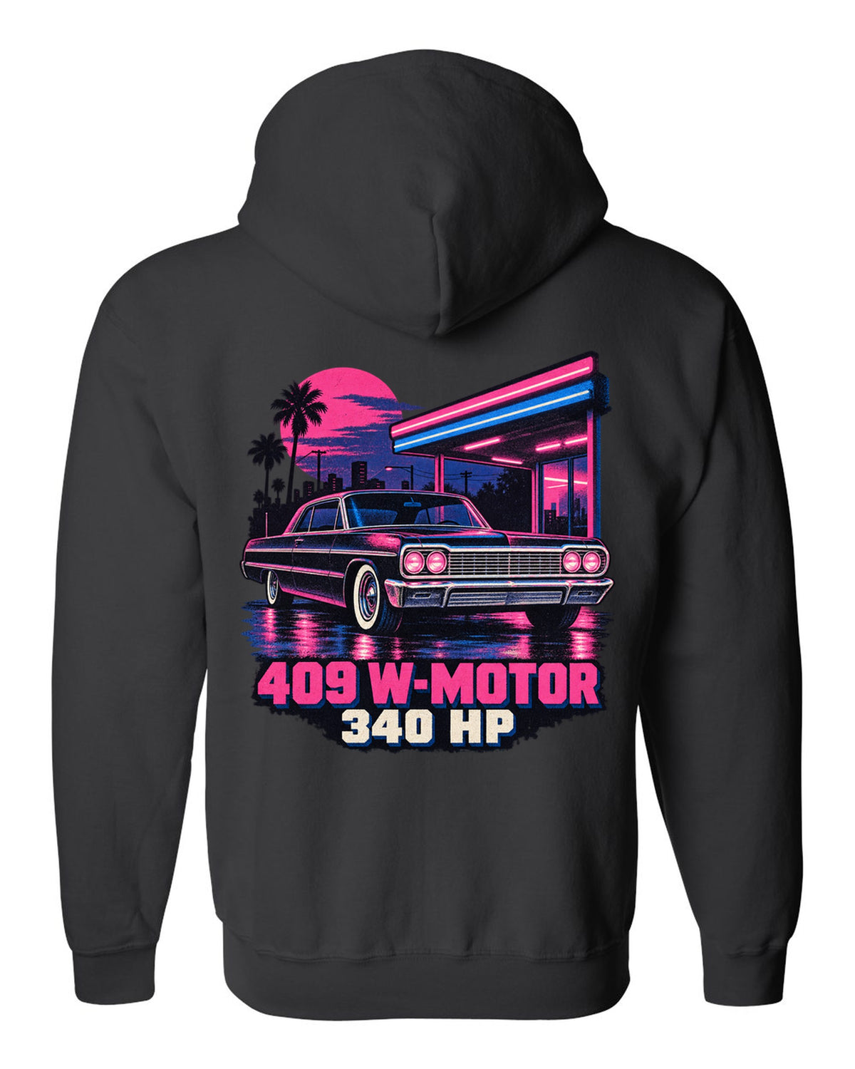 1964 Chevrolet Impala SS in pink and blue risograph neon rain with text 409 W-Motor 340 HP black zip hoodie back view with the design