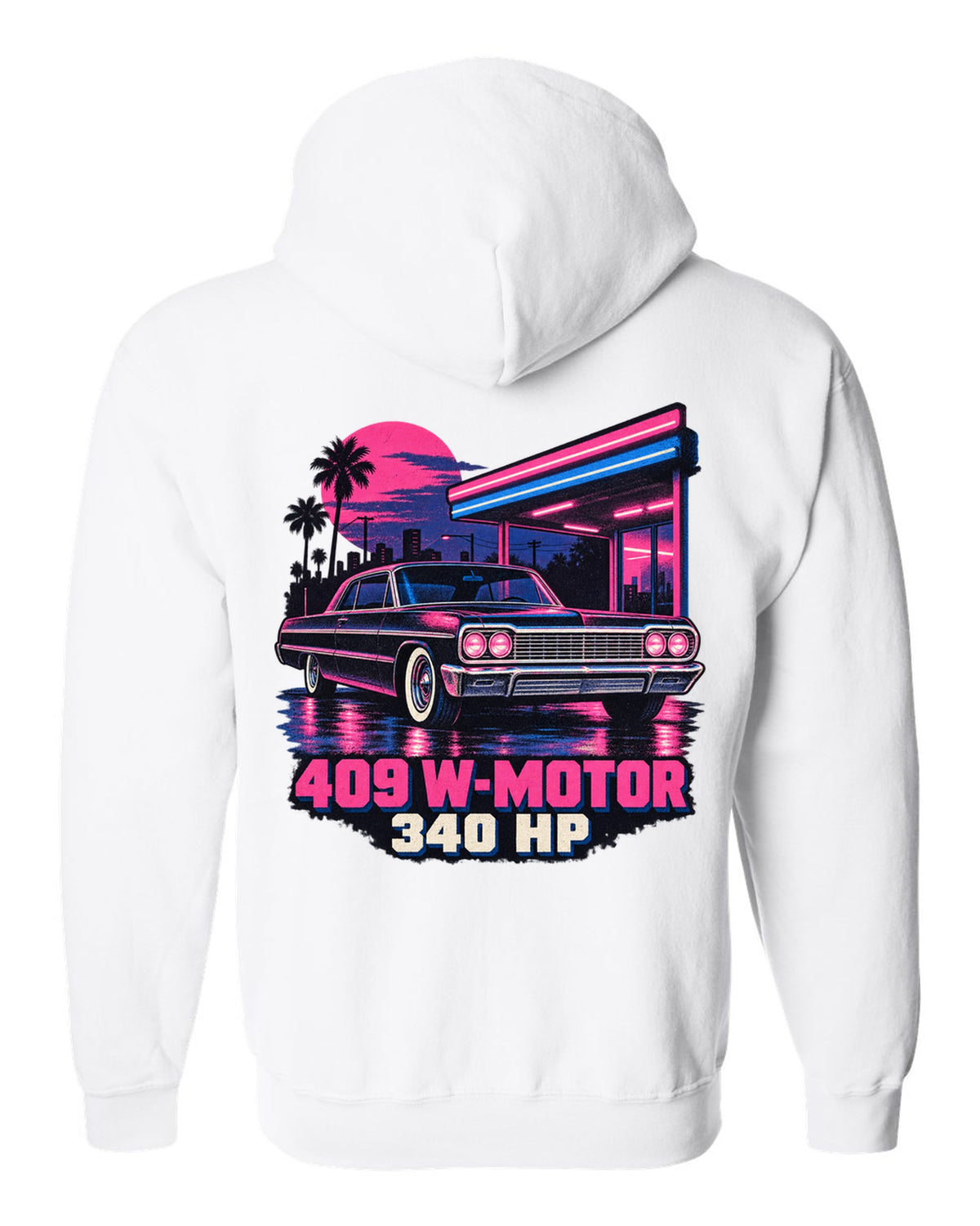 1964 Chevrolet Impala SS in pink and blue risograph neon rain with text 409 W-Motor 340 HP white zip hoodie back view with the design