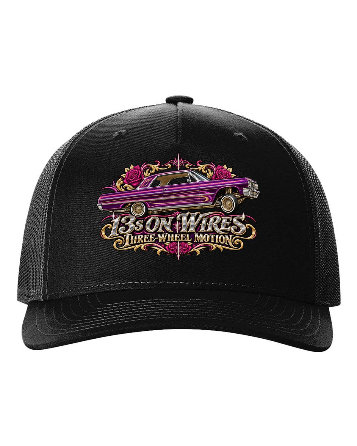 1964 Chevrolet Impala SS lowrider in airbrush style with text 13s on Wires Three-Wheel Motion black hat front view with the design