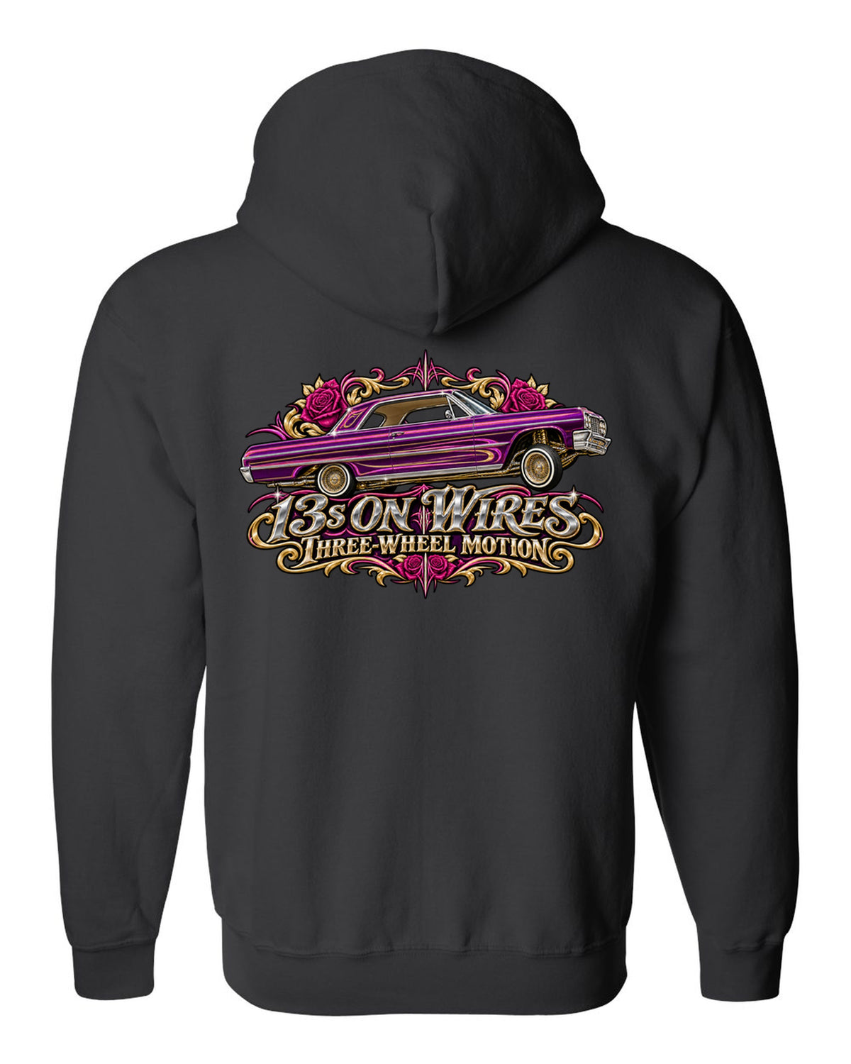 1964 Chevrolet Impala SS lowrider in airbrush style with text 13s on Wires Three-Wheel Motion black zip hoodie back view with the design