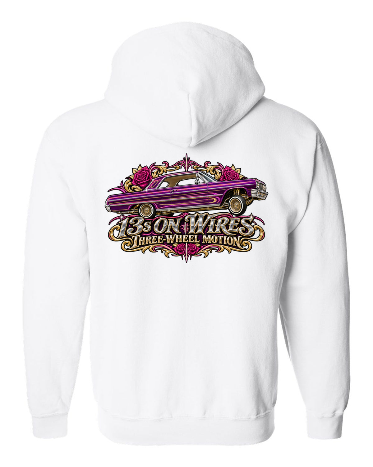1964 Chevrolet Impala SS lowrider in airbrush style with text 13s on Wires Three-Wheel Motion white zip hoodie back view with the design