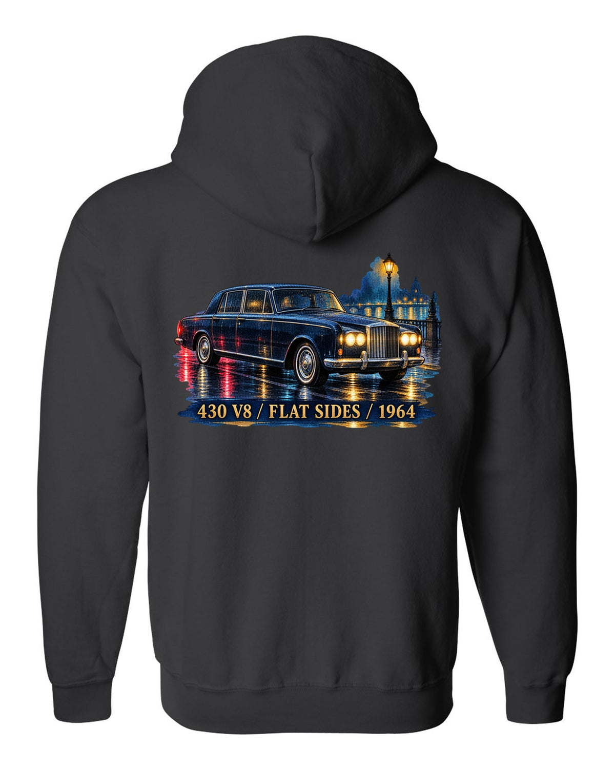1964 Lincoln Continental on a wet night road in watercolour style black zip hoodie back view with the design