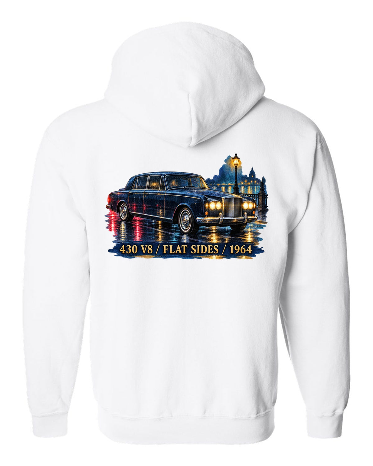 1964 Lincoln Continental on a wet night road in watercolour style white zip hoodie back view with the design