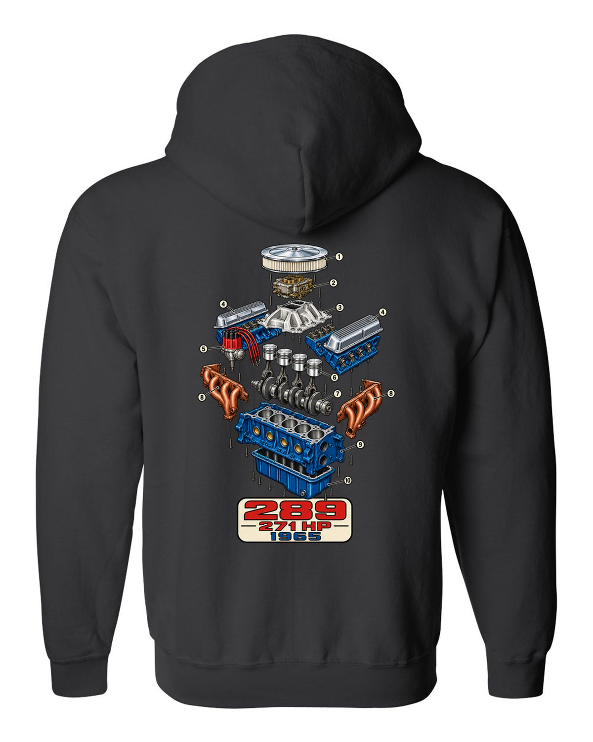 Cutaway exploded engine view print of a 1965 Ford Mustang 289 V8 black zip hoodie back view with the design