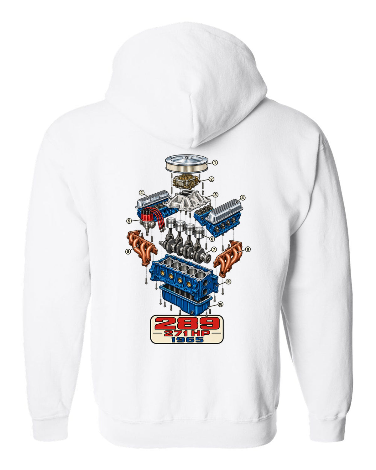 Cutaway exploded engine view print of a 1965 Ford Mustang 289 V8 white zip hoodie back view with the design