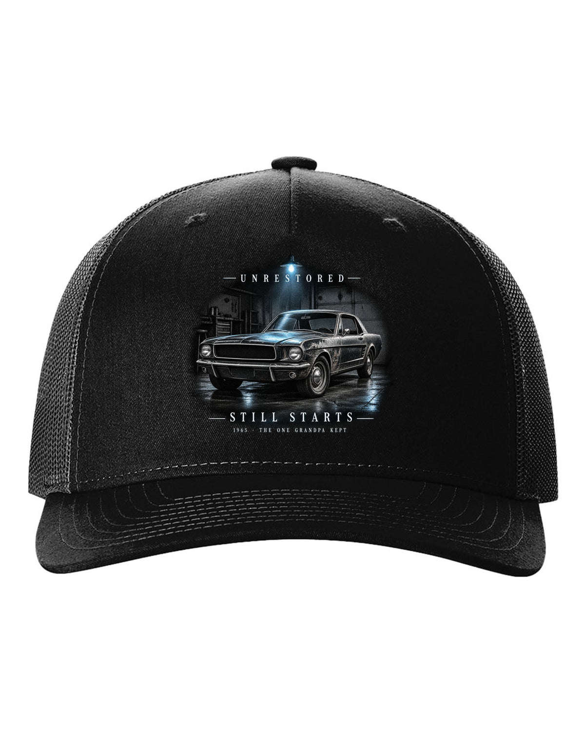 Garage night illustration of a white 1965 Ford Mustang coupe with unrestored still starts lettering black hat front view with the design